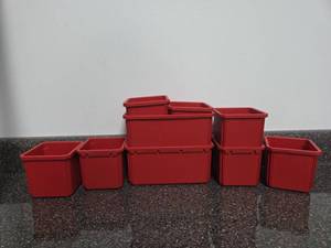 lot 355 image: Red Plastic Storage Bins Totes Containers