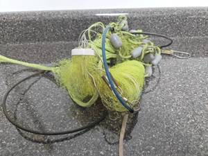 lot 370 image: Fishing Net with Lead Weights and Blue Hoop Frame