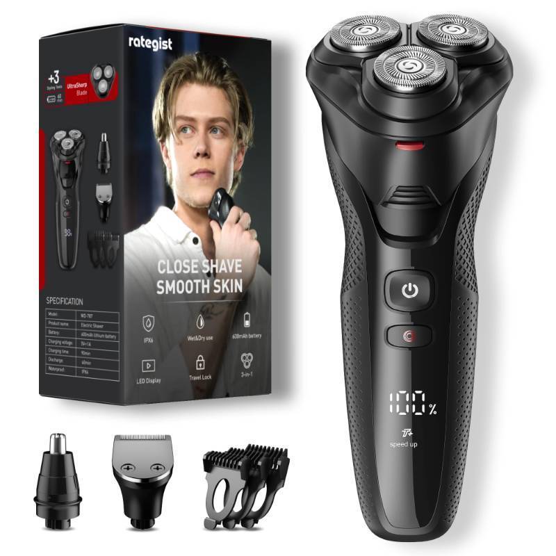 lot 1013 image: Electric Razor for Men, rategist Rechargeable Electric Shaver, Waterproof Wet Dry Cordless Razor, Adjustable Speeds, with Nose Hair Trimmer, Sideburns Trimmer Retail $41