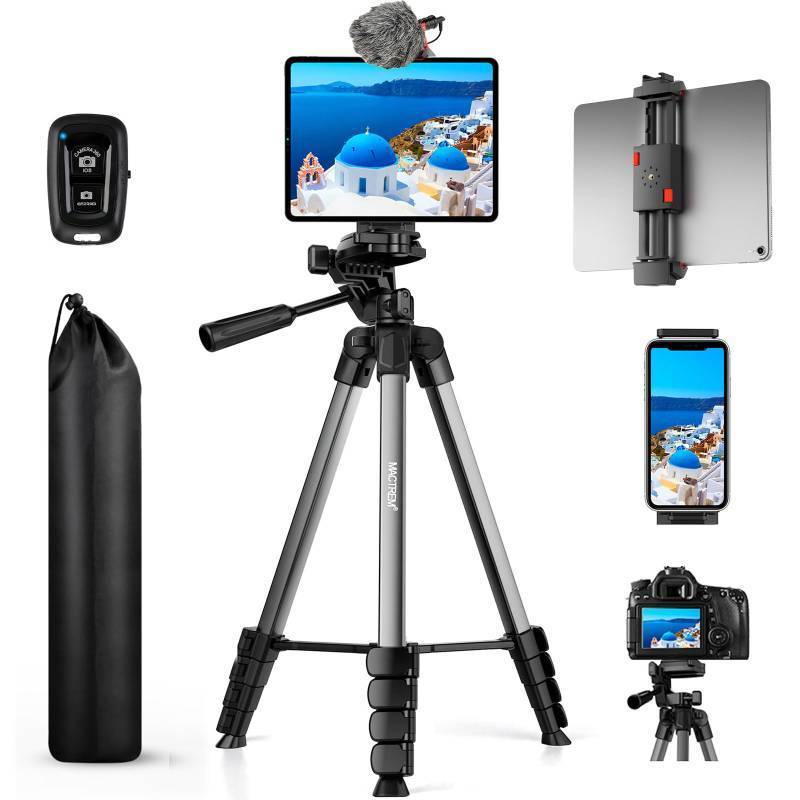 lot 1027 image: 67 Phone Tripod, MACTREM Tripod Stand for iPad iPhone Tablet Camera with 2 in 1 Mount &amp Wireless Remote, Aluminum Extendable iPhone Tripod for Video RecordingSelfiesLive StreamVlogging (Grey) Retail $29