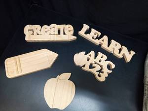 lot 1018 image: Wooden Learn Craft Cutouts 5-Piece Set Apple Arrow Barn - Retail $25
