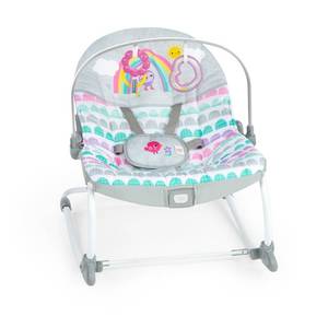 lot 44 image: Bright Starts Infant to Toddler Baby Rocker - Rosy Rainbow Detachable Toy Bar, 5-Point Harness, Machine Washable Seat Pad - Retail $50