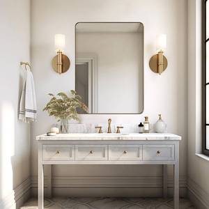 lot 47 image: ANDY STAR Gold Bathroom Mirror, 30x36 Brushed Brass Rectangle Mirror for Bathroom, Modern Rectangular Wall Mounted Mirror for Vanity, Crafted of Stainless Steel Metal Frame�� - Retail $236
