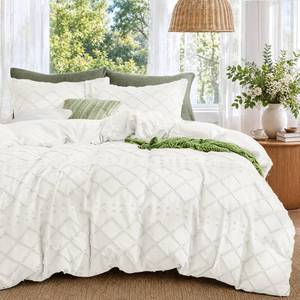 lot 1021 image: Boho Duvet Cover Set King Size, Tufted Embroidery Bedding, 3 PCS, White - Retail $30