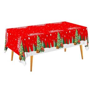 lot 1072 image: Gatherfun Christmas Table Decorations Christmas Tree Disposable Tablecloth Waterproof Plastic Rectangular Table Cover for Merry Christmas Party Supplies, 4 PCS 54 X 108 inch - Retail $13