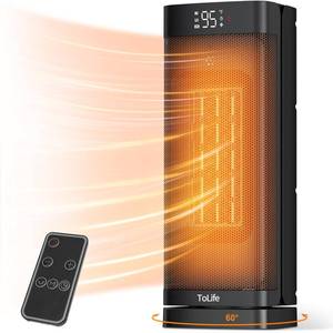 lot 1078 image: Space Heater Indoor with Thermostat, 16 inch PTC Electric Heater, 60°Oscillating, 4 Modes, 12h Timer, 1500W Portable Heater for Indoor Use, Black - Retail $45