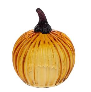 lot 1118 image: Boston International Hand Blown Glass Pumpkin Tabletop Mantel Shelf Fall Autumn Thanksgiving Halloween Decorations for Home, Medium, Amber Orange - Retail $25