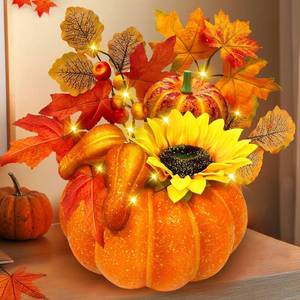lot 1133 image: Timer & Prelit Thanksgiving Decorations Pumpkin Decor, Artificial Fake Pumpkin with Maples Leaves Sunflower Berried 20 LED Warm White Lights Fall Centerpieces for Tables Home Kitchen Porch Indoor - Retail $19