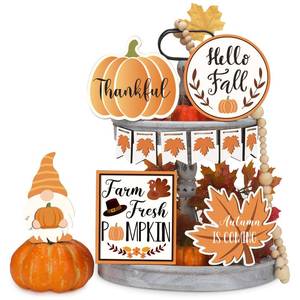 lot 1136 image: Fall Farmhouse Tiered Tray Decor Set Include Pumpkin Gnome Wood Sign Maple Leaf Banner Letter Sign for Thanksgiving Day Table Home Kitchen Holiday Decoration (Pumpkin Style) - Retail $16
