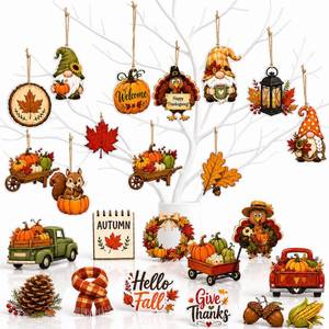 lot 1137 image: 30 Pcs Fall Tree Decorations, Rustic Wooden Thanksgiving Ornaments for Tree - Retail $17