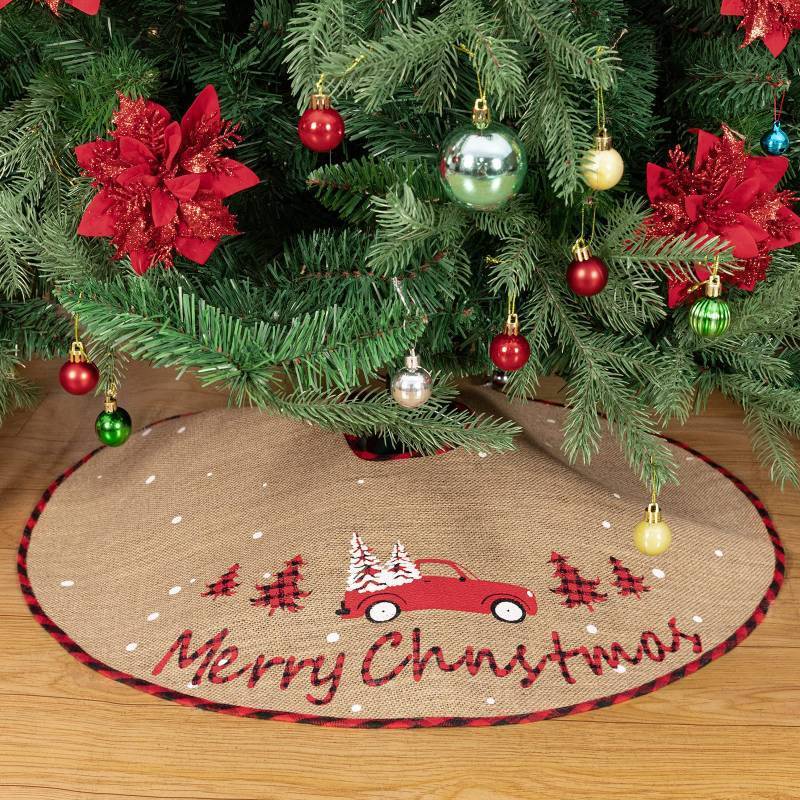 lot 2036 image: N&T NIETING Burlap Tree Skirt, 30 Inch Farmhouse Christmas Tree Skirt with White Christmas Tree and Letter Printed for Xmas Holiday Party Decoration - Retail $15