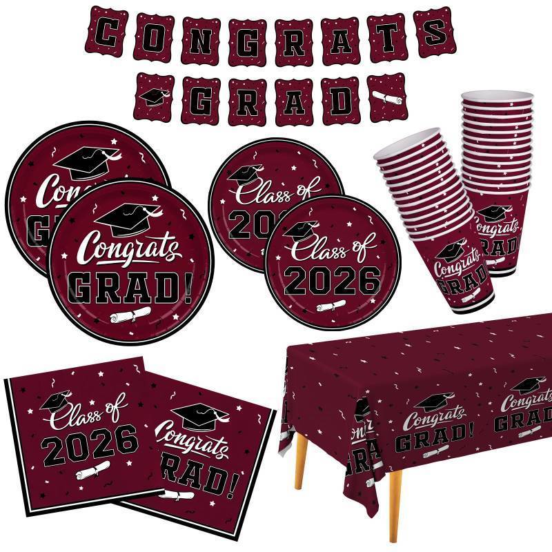 lot 2040 image: Graduation decorations Maroon Congrats Grad Party Dinnerware Set Disposable Paper Plates Napkins Cups Tablecloth Banner for Congrats Graduation Decorations deals, Serve 25 - Retail $22