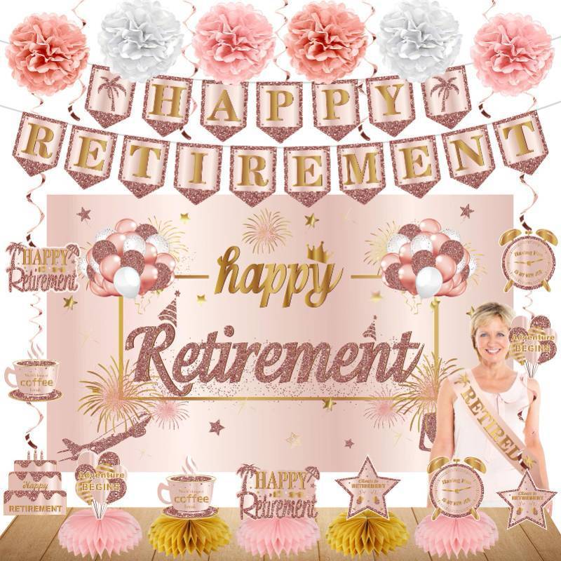 lot 2022 image: Kuxriox 20PCS Happy Retirement Party Decorations Kit for Women, Pink Rose Gold Retirement Banner Balloons Honeycomb Centerpiece Swirl Paper Pompoms Party Supplies, Retired Sash Table Topper Swirls Set Retail $23