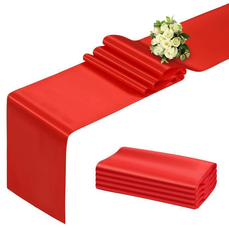lot 2028 image: BDDC Red Table Runner 12x108 Inch - 4 Pack Satin Table Runners, Smooth Table Runner for Party Wedding Banquets Birthday Retail $15