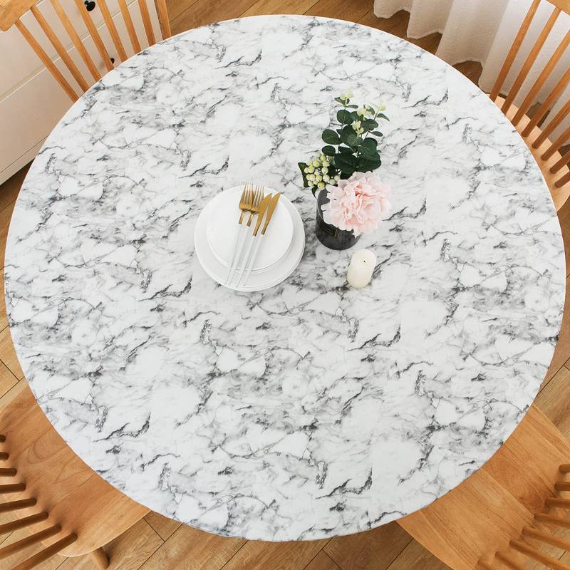 lot 2062 image: LIBERECOO Round Vinyl Fitted Tablecloth with Flannel Backing Elastic Edge Plastic Table Cover Waterproof Table Cloth Stain-Resistant Wipeable for 45-56 Round Table Retail $17