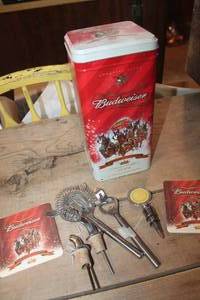 lot 5279 image: Budweiser Tin and Bar Utensils & More