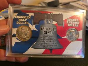 lot 35 image: Franklin half dollar and Susan B Anthony dollar Believe it or not coin set