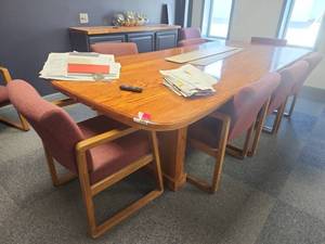 lot 21908 image: Oak Conference Table with Pedestal Bases and 8 Upholstered Sled-Base Armchairs