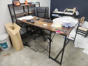 lot 21910 image: L-Shaped Rustic Brown Wood-Look Desk w 5-Tier Shelf  Contents Not Included