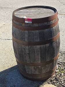 lot 21920 image: Vintage-Style Wooden Barrel with Six Riveted Steel Hoops