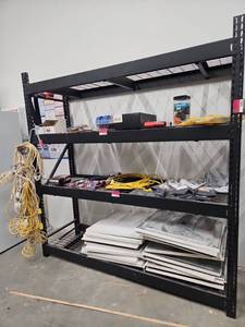 lot 21931 image: Black Steel 4-Level Boltless Industrial Shelving Rack w Wire Mesh Decking  Contents Not Included
