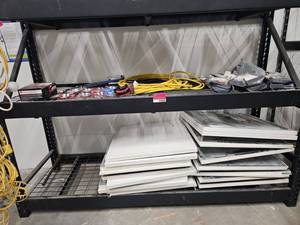 lot 21939 image: Lot of Lithonia 2x2 LED Panels, Husky Anchor Rings, Air Hose &amp Ring Mounts  Shelving Not Included