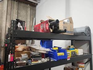 lot 21944 image: Fasteners Lot w Grip-Rite Nails &amp Screws, Roberts Knee Kicker, Toro Gutter Kit  Shelving Not Included