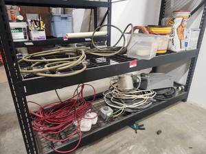 lot 21945 image: Lot of Electrical Cable, Disconnect Box, Pressure Hose, Quikrete &amp Sika Concrete Products  Shelving Not Included