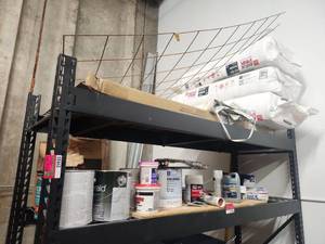 lot 21946 image: Assorted Lot Paint, Spray Paint, Drywall Compound, Sealers &amp Insulation  Shelving Not Included