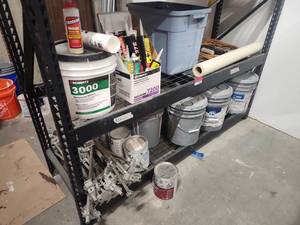 lot 21947 image: Lot of Roberts 3000 Adhesive, Caulk, Paint Buckets, Extension Cord &amp Mesh Tape  Shelving Not Included