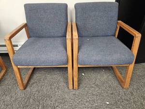 lot 21951 image: Pair of Oak Sled-Base Armchairs w Blue Woven Fabric Upholstery