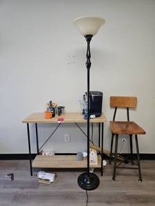 lot 21956 image: Torchiere Floor Lamp, Wood-Top Console Table, Shop Stool & Keurig Brewer