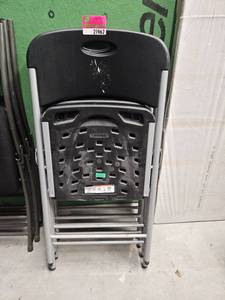 lot 21962 image: (4) Lifetime Folding Chairs Black Plastic Seat Gray Steel Frame