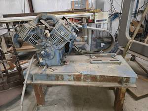 lot 8801 image: V-Twin Two-Stage Reciprocating Air Compressor Pump on Steel Base w Belt Guard