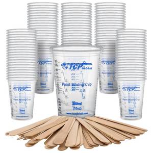 lot 191760 image: TCP Global 10 Ounce (300ml) Disposable Flexible Clear Graduated Plastic Mixing Cups - Box of 100 Cups & 50 Mixing Sticks - Use for Paint, Resin, Epoxy, Art, Kitchen - Measuring Ratios 2-1, 3-1, 4-1 ML