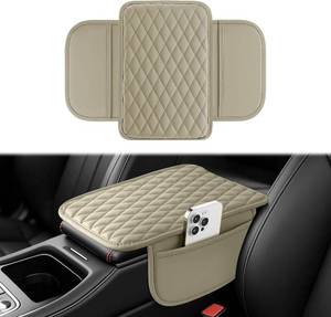 lot 191779 image: Amiss Car Center Console Cover, Leather Car Armrest Cushion with 2 Storage Pockets, Universal Waterproof Cushion Pad, Non-Slip Car Interior Accessories, Fits Most Sedans SUVs Trucks (Light Beige)