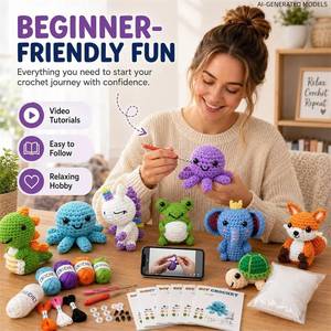 lot 191808 image: Crochet Kit for Beginners, 8 Cute Animal Amigurumi Projects with Step-by-Step Video Tutorials, DIY Crochet Starter Kit with Yarn, Hook, Stuffing & Supplies, Creative Craft Gift for Adults and Teens