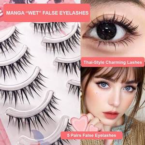 lot 191817 image: Fake Eyelashes False Eye Lashes Daily Strip Cross Black Thin Band 7-14mm Comic Manga Anime Natural Curl Lashes Cosplay Lash for Wedding Party Work Natural Look Eye Makeup 5 Pairs LASGOOS JM-WET5BK