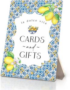 lot 291680 image: Cards and Gifts Sign, La Dolce Vita Mediterranean Italian Lemon Wedding Wooden Stand Sign 5x7 Inch, Blue and White Wedding Signs Decorations for Ceremony and Reception