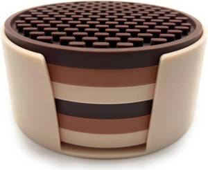 lot 291682 image: 4.25 Inch Bar Mat Style Silicone Beverage Coasters, Set of 6 with Holder (Multicolor - Brown)