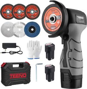 lot 291696 image: TEENO Cordless Angle Grinder Kit, 19,500 RPM Mini Handheld Grinder Tool with 2x 16.8V 2000mAh Batteries & 6 Discs, 3-Inch Cut-Off Grinder for Metal, Wood Cutting, Grey