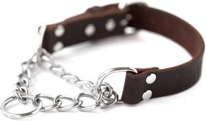 lot 291706 image: Mighty Paw Martingale Dog Collar - No Pull Design - Stainless Steel Chain - Limited Chain Cinch Training - Brown Leather Martingale Training Collar - Medium Size