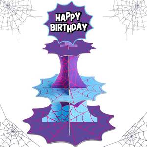lot 291731 image: 3 Tier Spider Cupcake Stand Purple Blue Spider Theme Birthday Party Decor Spiderweb Cupcake Tower Hero Theme Cake Dessert Holder Table Display for Super Birthday Party Dessert Table Supplies