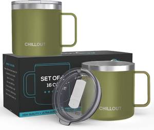 lot 291735 image: CHILLOUT LIFE Stainless Steel 16 oz (Set of 2) Vacuum Insulated Coffee Mug with Handle and Lid, Large Thermal Camping Coffee Mugs with Sliding Lid for Men & Women