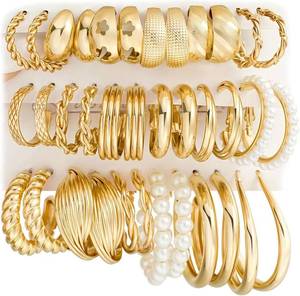 lot 291764 image: 18 Pairs Gold Hoop Earrings for Women, Chunky Statement Hoops Set