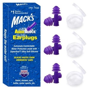 lot 391751 image: Macks AquaBlock Swimming Earplugs, 3 Pair - Comfortable, Waterproof, Reusable Silicone Ear Plugs for Swimming, Snorkeling, Showering, Surfing and Bathing (Purple)