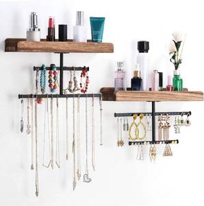 lot 391766 image: Keebofly Hanging Wall Mounted Jewelry Organizer with Rustic Wood Jewelry Holder Display for Necklaces Bracelet Earrings Ring Set of 2 Carbonized Black,Patented
