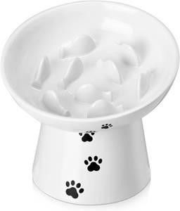 lot 391767 image: Y YHY Slow Feeder Cat Bowl, Ceramic Cat Slow Feeder Bowl, 6 Inches, Elevated, Anti Vomiting for Dry and Wet Food, White