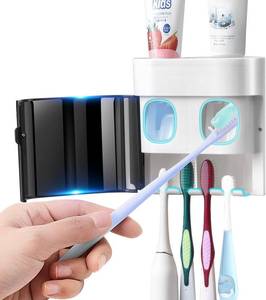 lot 391772 image: GFWARE Toothbrush Holder Toothpaste Dispenser Wall Mounted with Cover, 4 Slots Tooth Brush Storage Organizer with Automatic Kids Toothpaste Squeezers for Shower Bathroom Black