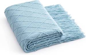 lot 391784 image: Acrylic Knitted Throw Blanket, 50 x 60 Inches, Light Blue